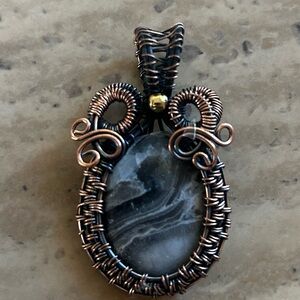 Handcrafted Copper Wire Wrapped pendant  Black and Gray Agate from South Africa